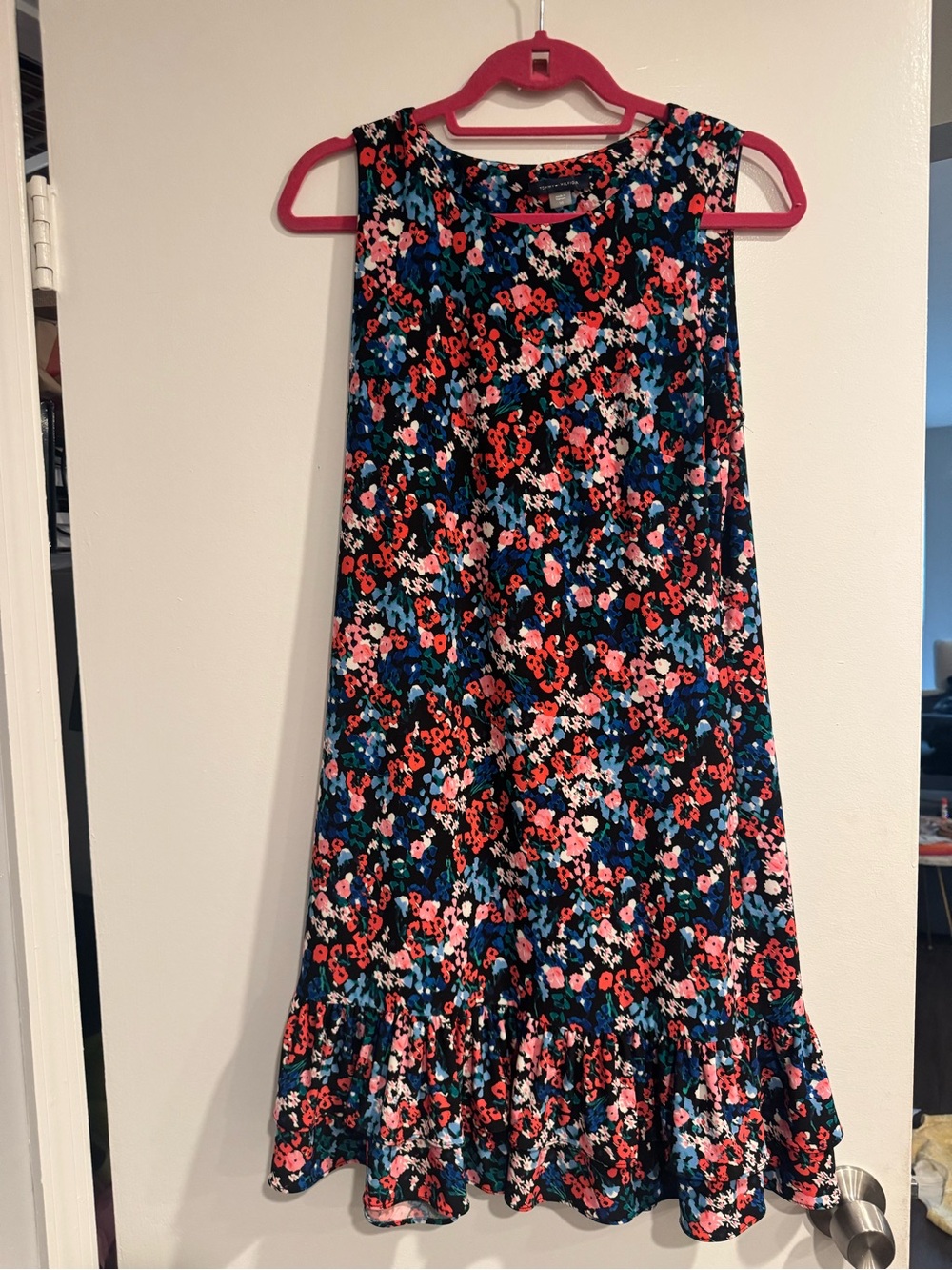 Tommy Hilfiger Black Floral Print Dress with Red, Pink & Blue Accents